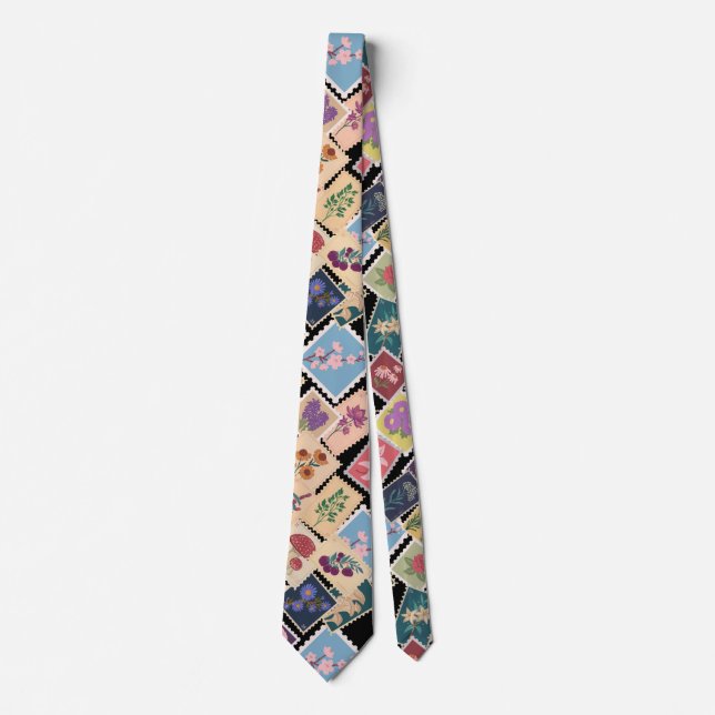 Vintage Stamps Collection,Retro Theme Black BG Tie (Front)