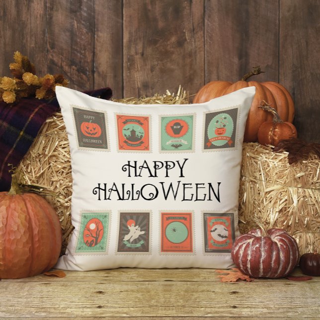 Vintage Stamps Fun Cute Happy Halloween Cushion (Creator Uploaded)