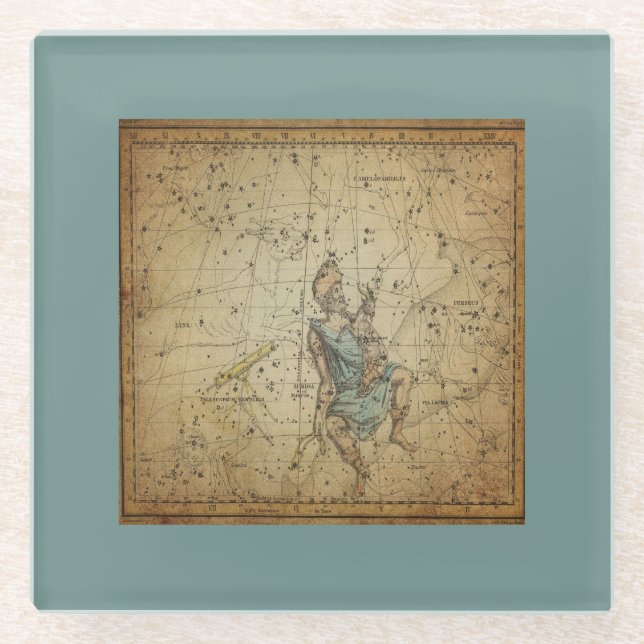 Vintage Star Chart of Auriga Constellation Glass Coaster (Front)