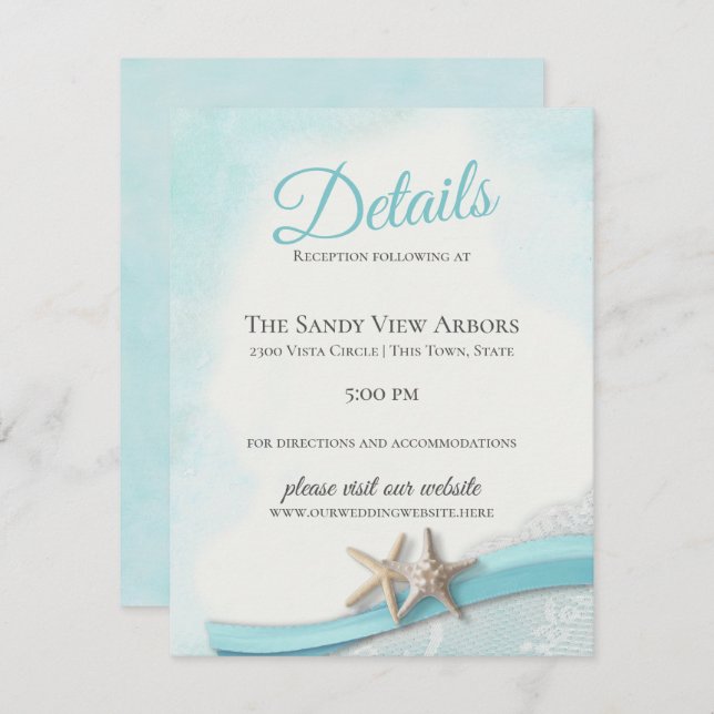 Vintage Starfish and Lace Ocean Blue Details Invitation (Front/Back)