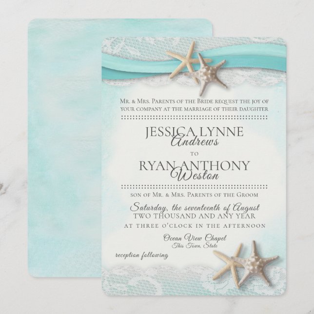 Vintage Starfish Tropical Beach Rustic Invitation (Front/Back)