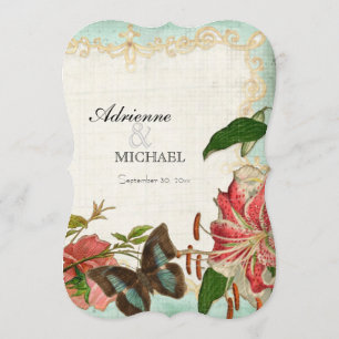 Vintage Stargazer Lily Rose Butterfly n Hydrangea Invitation