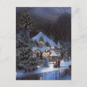 Vintage Starry Night Christmas Village Holiday Postcard