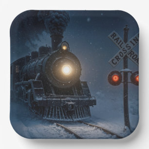 Vintage Steam Engine Locomotive In Winter Paper Plate