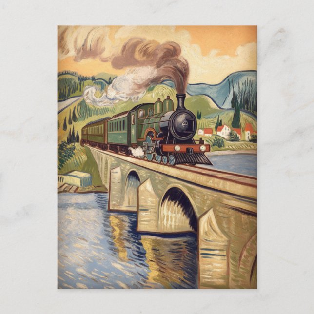 Vintage Steam Engine Train crossing Bridge Postcard (Front)