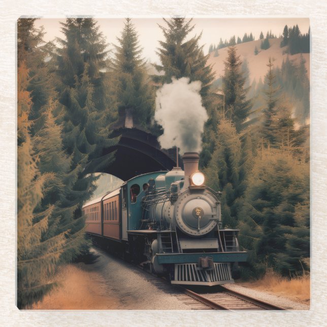 Vintage Steam Engine Train Glass Coaster (Front)
