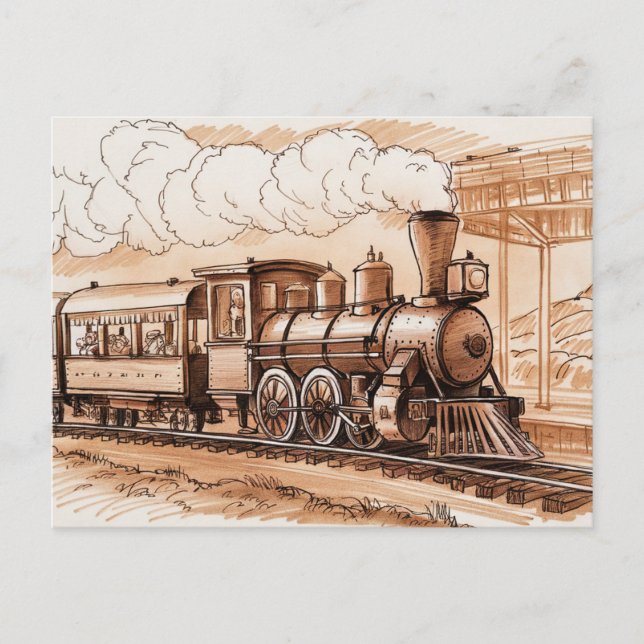 Vintage Steam Engine Train Sketch Postcard (Front)
