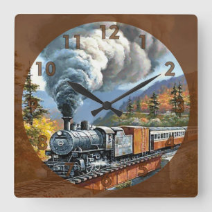 Vintage Steam Engine Train Square Wall Clock