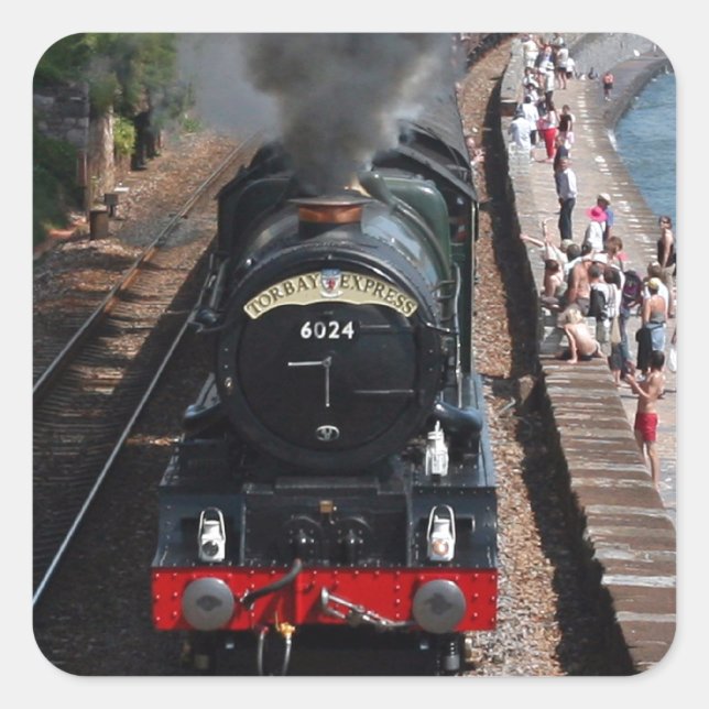 Vintage steam locomotive by the sea square sticker (Front)