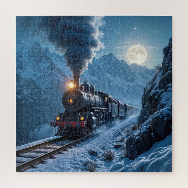 Vintage Steam Locomotive In Moonlight Jigsaw Puzzle (Vertical)