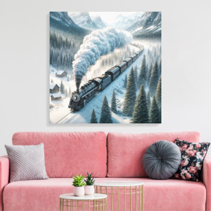 Vintage Steam Locomotive In Snowy Valley Canvas Print