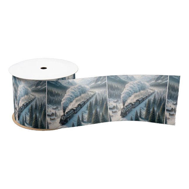 Vintage Steam Locomotive In Snowy Valley Satin Ribbon (Spool)