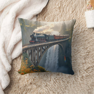 Vintage Steam Locomotive On a Train Trestle Cushion