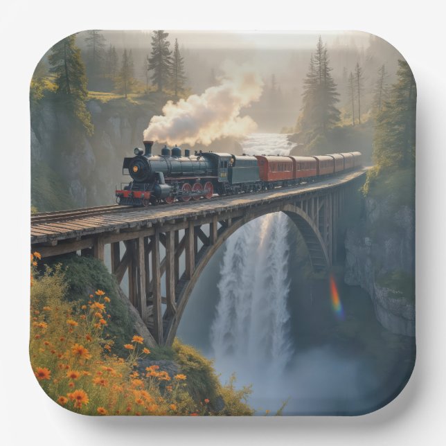 Vintage Steam Locomotive On a Trestle Paper Plate (Front)