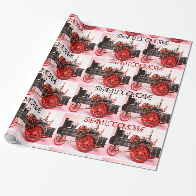 VINTAGE STEAM LOCOMOTIVE Red Black White Wrapping Paper (Unrolled)