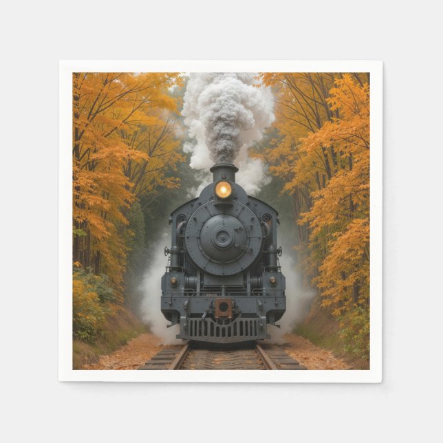 Vintage Steam Locomotive Train In Autumn Woods Napkin (Front)