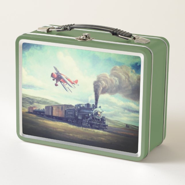 Vintage Steam Train & Aeroplane  Metal Lunch Box (Front)