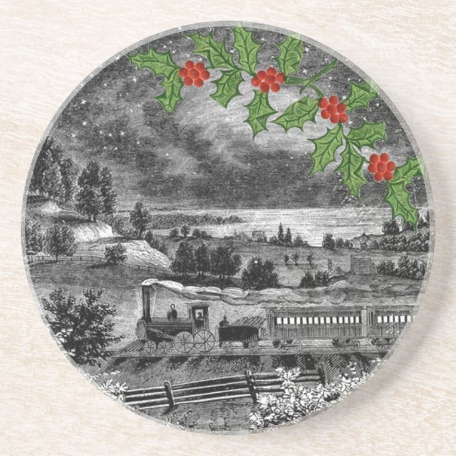 Vintage Steam Train Drawing Holly Coaster (Front)
