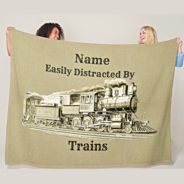 Vintage Steam Train Easily Distracted By, Add Name Fleece Blanket (Creator Uploaded)