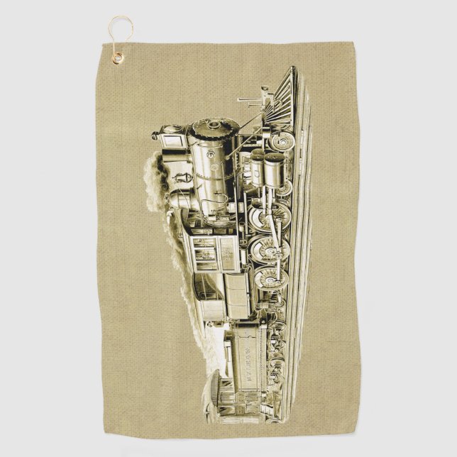 Vintage Steam Train Engine Locomotive Drawing Golf Towel (Front)