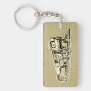 Vintage Steam Train Engine Locomotive Drawing Key Ring