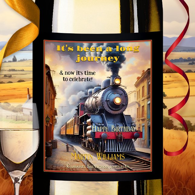 Vintage Steam Train Happy Birthday Wine Label (A vintage birthday wine label showing a steam train. Great for an "over the hill" birthday)