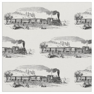 Vintage Steam Train Illustration Pattern Fabric