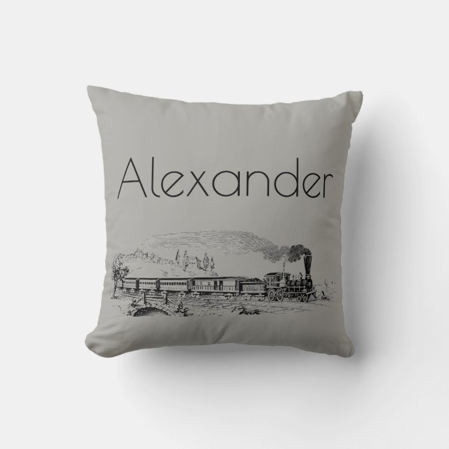 Vintage Steam Train Illustration With Name Cushion (Front)