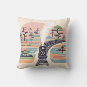 Vintage Steam Train in a Dreamy Pastel Forest - Mi Cushion