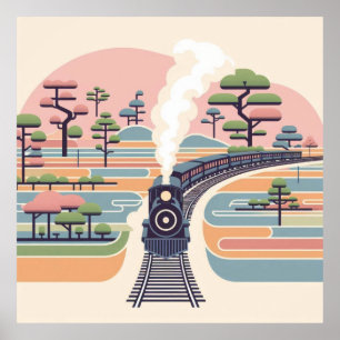 Vintage Steam Train in a Dreamy Pastel Forest - Mi Poster