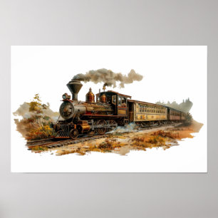 Vintage steam train landscape illustration Small Poster