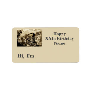 Vintage Steam Train Man Birthday Party Name Sticke Label
