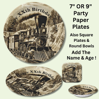 Vintage Steam Train Man's Birthday Party Paper Pla Paper Plate