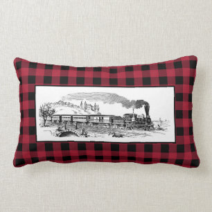 Vintage Steam Train on Red Buffalo Plaid Lumbar Cushion