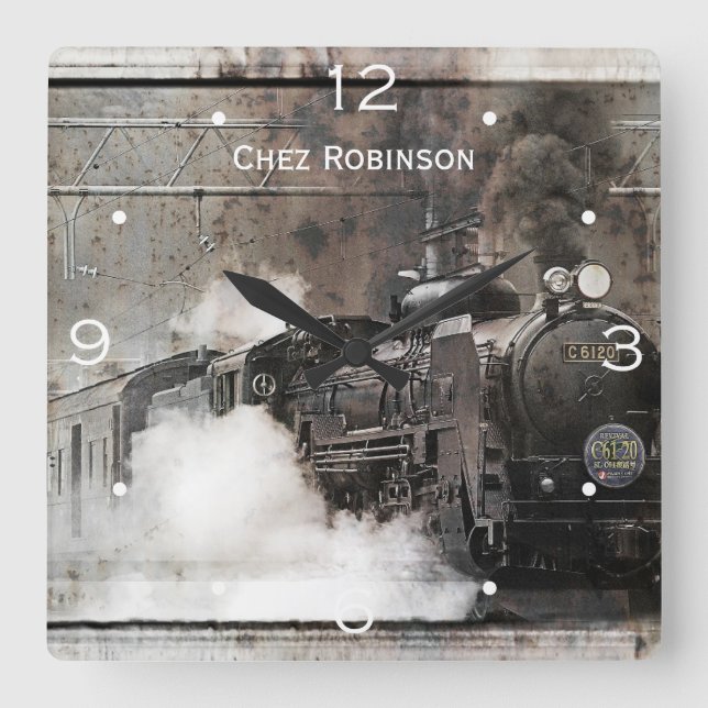 Vintage Steam Train Personalized Square Wall Clock (Front)