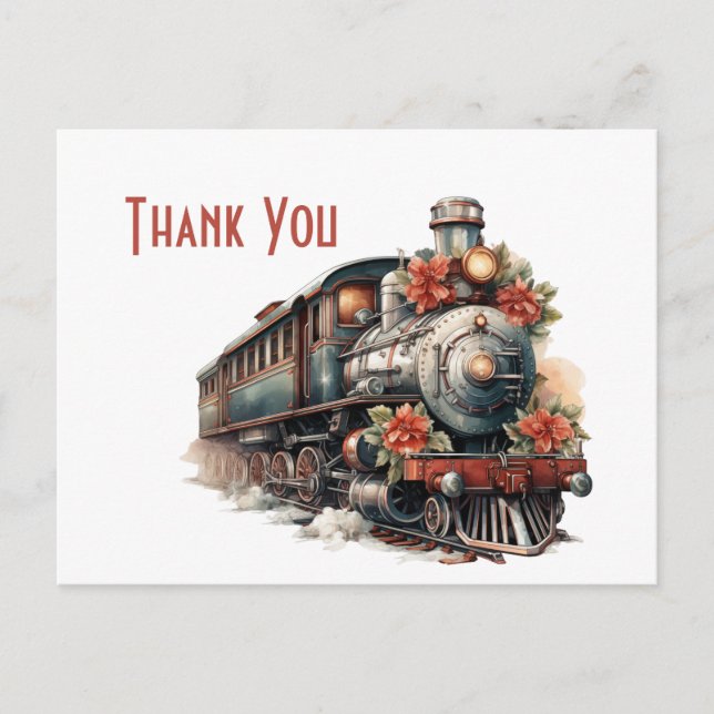 Vintage Steam Train Retro Christmas Thank You Postcard (Front)