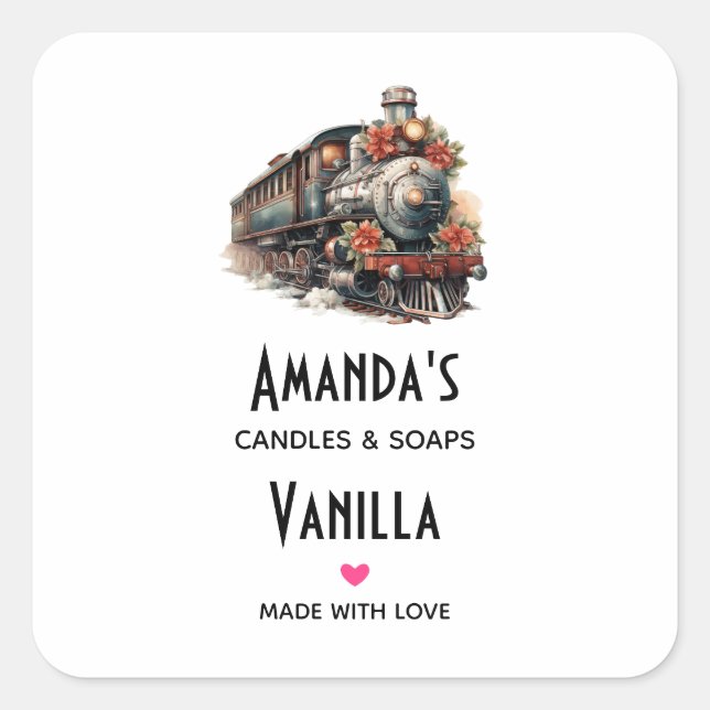 Vintage Steam Train Traditional Christmas Candle Square Sticker (Front)