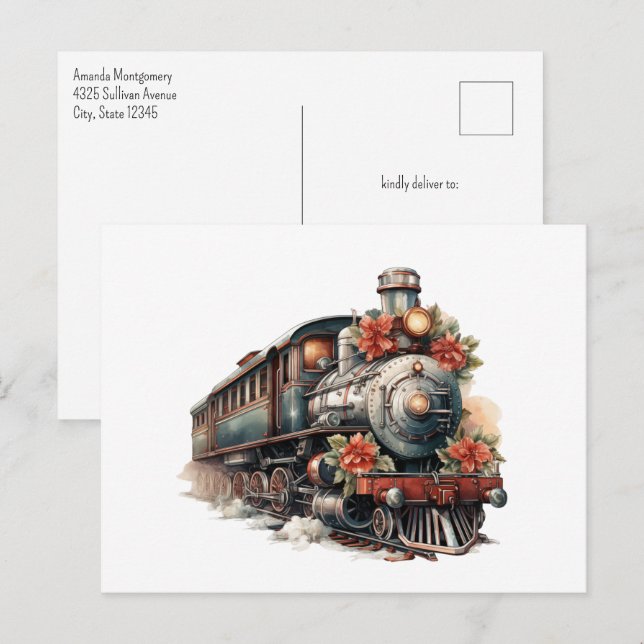 Vintage Steam Train Traditional Christmas Postcard (Front/Back)