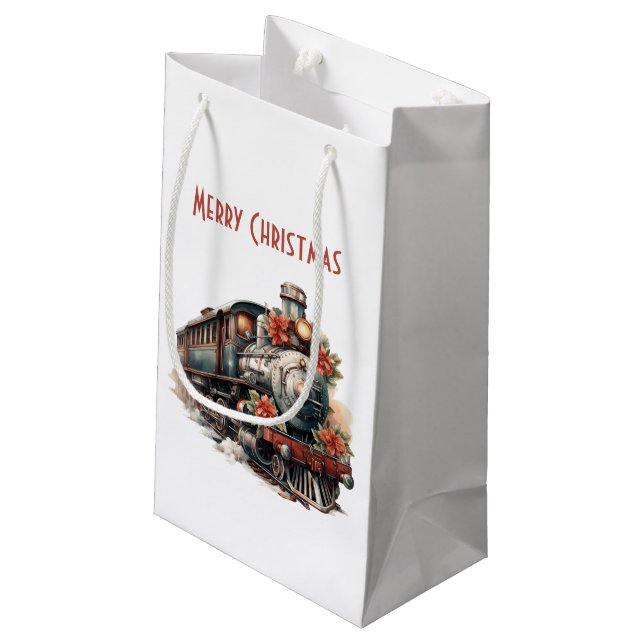 Vintage Steam Train Traditional Christmas Small Gift Bag (Back Angled)