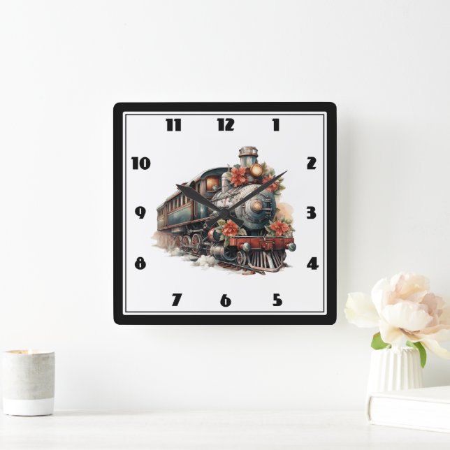 Vintage Steam Train Traditional Christmas Square Wall Clock (Home)