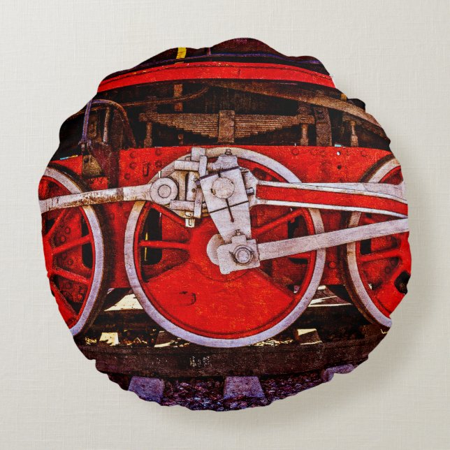 Vintage Steam Train Wheels Round Cushion (Back)