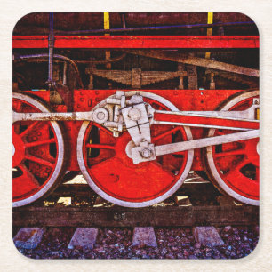 Vintage Steam Train Wheels Square Paper Coaster