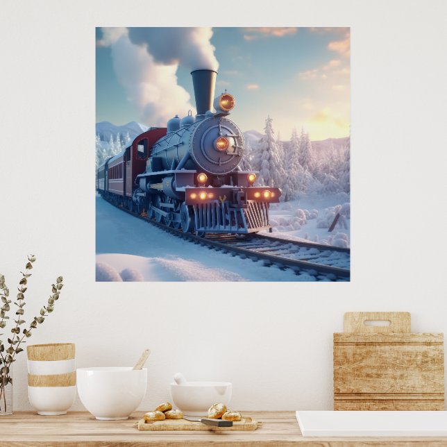 Vintage Steam Train Winter Landscape Snow Mountain Poster (Kitchen)