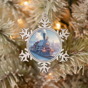 Vintage Steam Train Winter Landscape Snow Mountain Snowflake Pewter Christmas Ornament