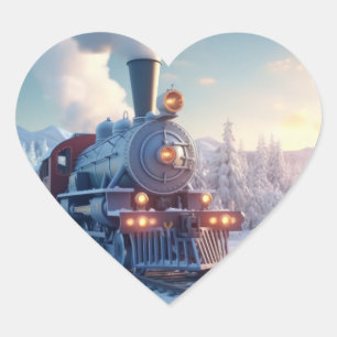 Vintage Steam Train Winter Snowy Mountains Heart Sticker