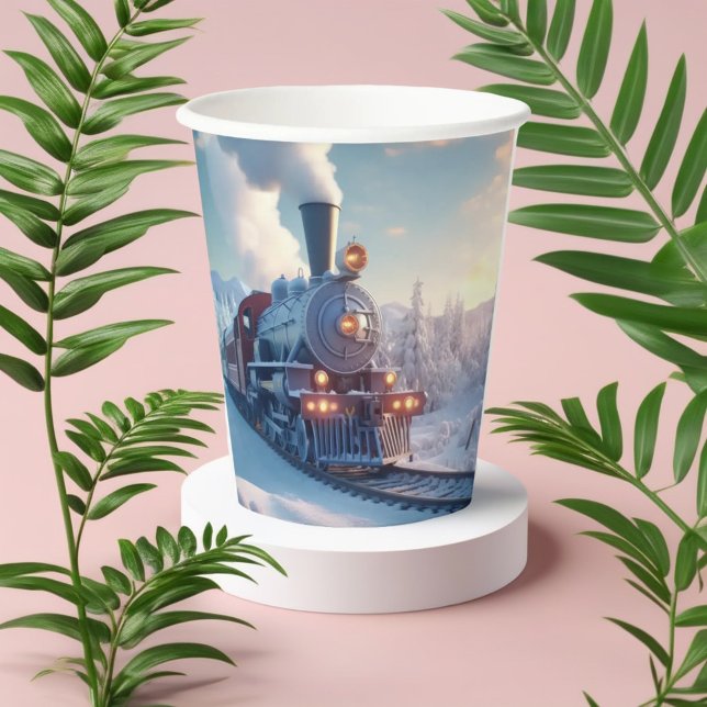 Vintage Steam Train Winter Snowy Mountains Paper Cups (Creator Uploaded)