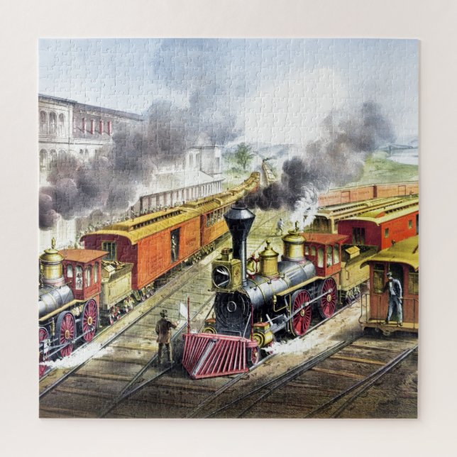 Vintage Steam Trains Travel Illustration Art Jigsaw Puzzle (Vertical)