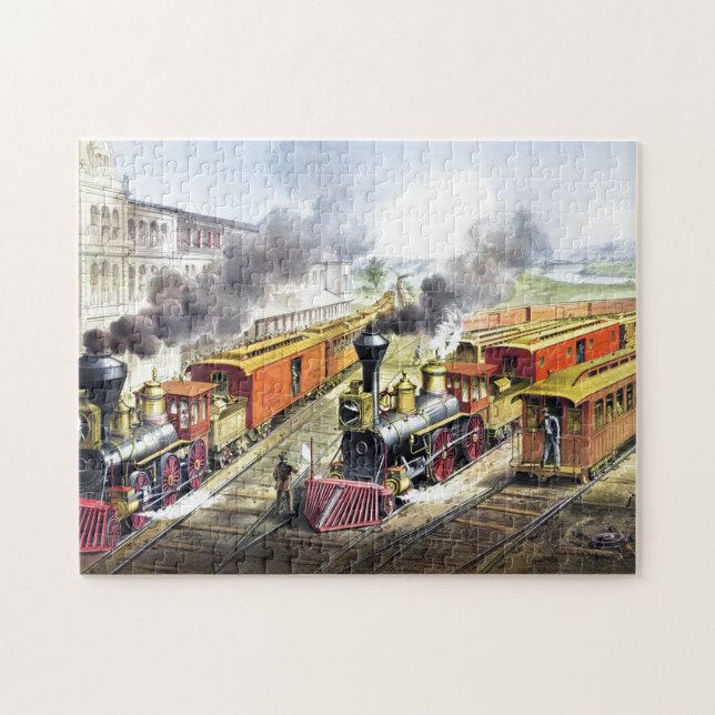 Vintage Steam Trains Travel Illustration Art Jigsaw Puzzle (Horizontal)
