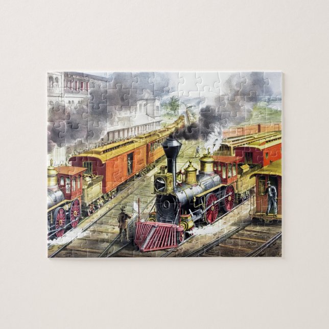 Vintage Steam Trains Travel Illustration Art Jigsaw Puzzle (Horizontal)