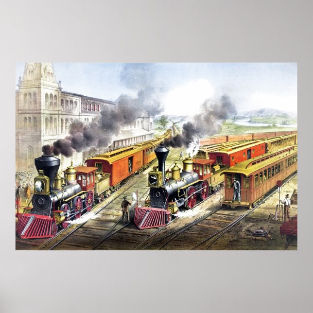 Vintage Steam Trains Travel Illustration Art Poster (Front)